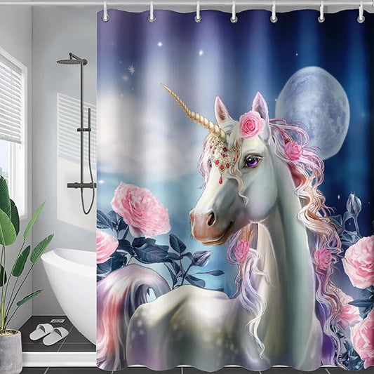 AILONEN Dreamy Unicorn Shower Curtain, Oil Painting Rose Waterproof Shower Curtain,3D Moon and Stars Girls Cloth Bath Curtain Set for Kids Teens Adults,72" W*72" H