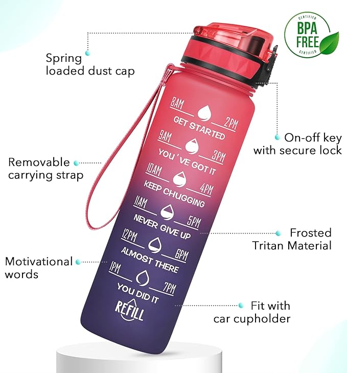 32oz/26oz Motivational Water Bottle with Time Marker & Fruit Strainer, Leak-proof BPA Free Non-Toxic 1l Bottle with Carrying Strap, Perfect for Fitness, Gym and Outdoor Sports,Plastic