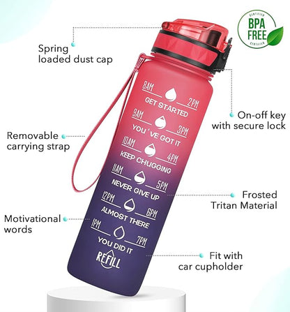 32oz/26oz Motivational Water Bottle with Time Marker & Fruit Strainer, Leak-proof BPA Free Non-Toxic 1l Bottle with Carrying Strap, Perfect for Fitness, Gym and Outdoor Sports,Plastic