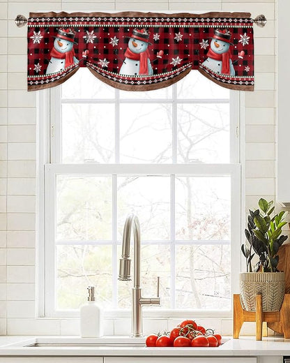 Christmas Blackout Tie Up Valance Curtains for Kitchen Windows Funny Snowman Snowflake Window Toppers Balloon Shades for Living Room/Bathroom/Bedroom,1 Panel,42" X 18" Red Farmhouse