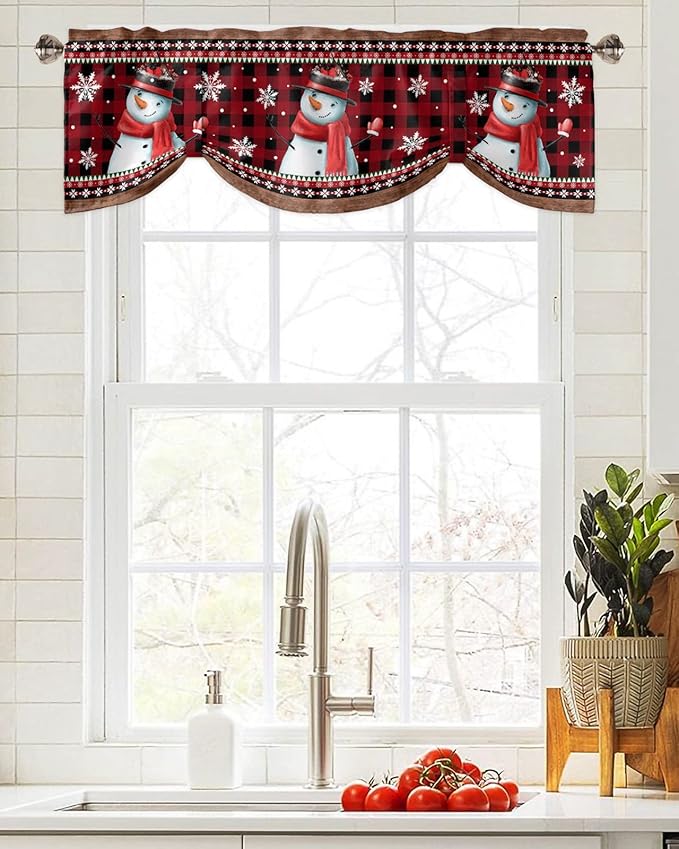 Christmas Blackout Tie Up Valance Curtains for Kitchen Windows Funny Snowman Snowflake Window Toppers Balloon Shades for Living Room/Bathroom/Bedroom,1 Panel,60" X 18" Red Farmhouse