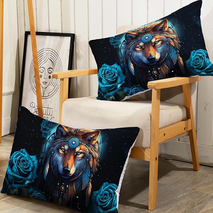 AILONEN Wolf Fitted Sheet Set Twin Size Dream Catcher Bed Sheet Set, Blue Rose Smoke Wolf Sheet Set for Boys Girls,Animal Wolf Fitted Sheet with 2 Pillowcases,3 Pieces