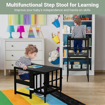 COSYLAND 3-in-1 Multifunctional Toddler Standing Tower, Kids Kitchen Step Stool with Whiteboard, Desk Table and Chair, Enjoys Unique Patented Design,FSC,CPC,SOR,CE, Black