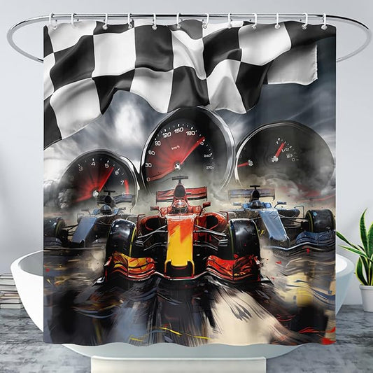 AILONEN Racing Car Shower Curtains,Checkered Speed Car Bath Curtains Gifts for Racer,Polyester Waterproof for Bathroom with 12 Plastic Hooks 72" W*96" H
