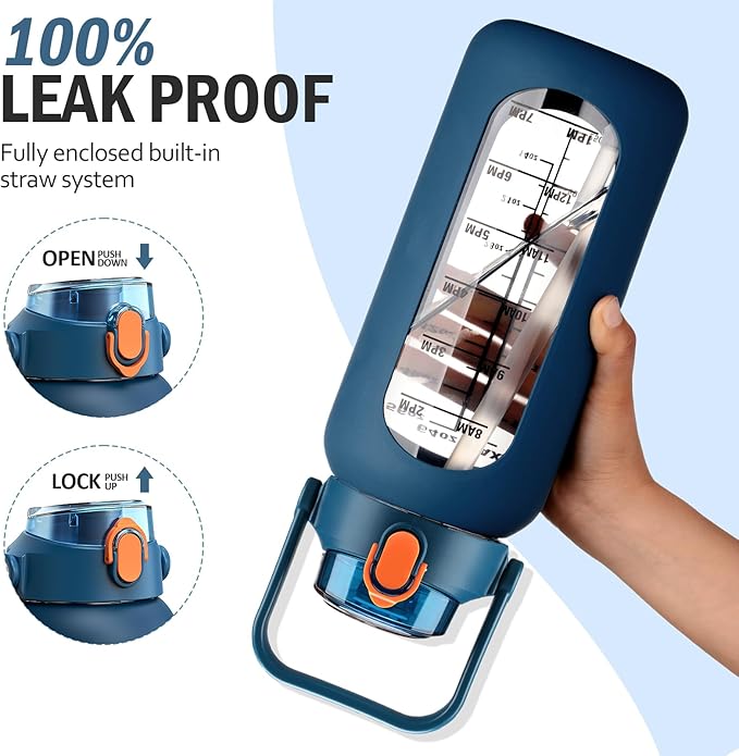 64 oz Glass Water Bottle with Straw and 2 Lids, Half Gallon Water Bottle with Sleeve, Large Insulated 2 Liter Glass Water Jug Time Marker with Handle - Dark Blue