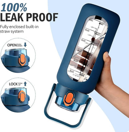 64 oz Glass Water Bottle with Straw and 2 Lids, Half Gallon Water Bottle with Sleeve, Large Insulated 2 Liter Glass Water Jug Time Marker with Handle - Dark Blue