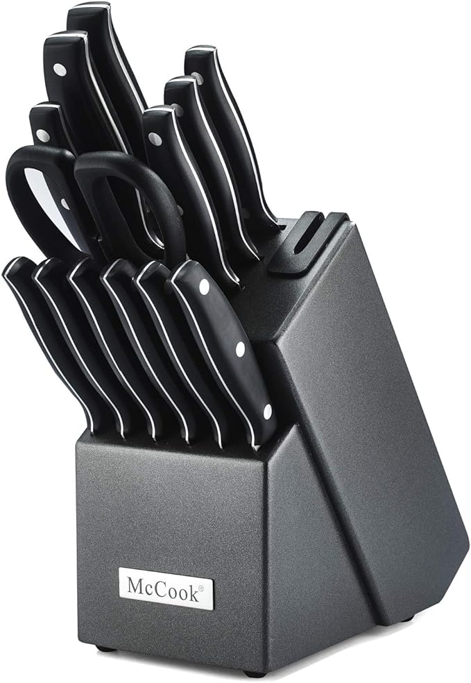 McCook MC39 14 Pieces Full Tang Triple Rivet Kitchen Knife Block Set with Built-in Sharpener and Kitchen Scissor, Black