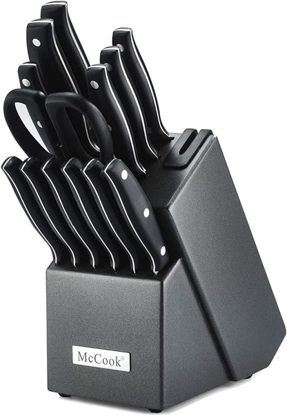 McCook MC39 14 Pieces Full Tang Triple Rivet Kitchen Knife Block Set with Built-in Sharpener and Kitchen Scissor, Black