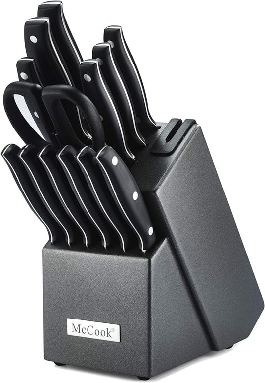 McCook MC39 14 Pieces Full Tang Triple Rivet Kitchen Knife Block Set with Built-in Sharpener and Kitchen Scissor, Black