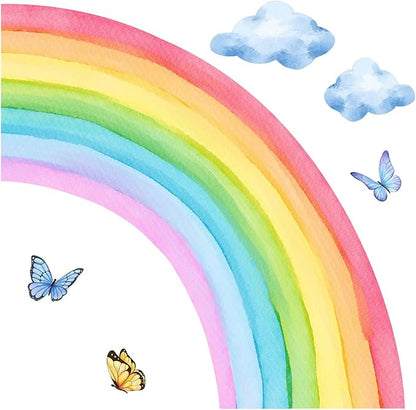 Removable 3D Large Colorful Boho Half Rainbow Wall Sticker Peel and Stick Self-Adhesive Colorful Pastel Rainbow with Cloud and Butterfly Wall Decals Wallpaper for Kids Girls Bedroom Nursery