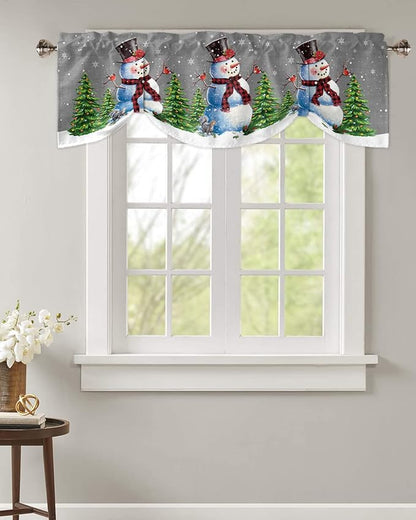 Christmas Snowman Blackout Tie Up Valance Curtains for Kitchen Windows Winter Holidays Cardinal White Snowflake Window Toppers Balloon Shades for Living Room/Bathroom/Bedroom,1 Panel,42" X 18" Gray