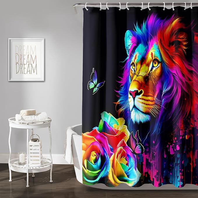 AILONEN Colorful Lion Shower Curtain for Kids Boys Teens,Rose Flower Graffiti Lion Bath Curtain for Bathroom Decor,Romantic Polyester Waterproof with 12 Plastic Hooks 72" W*72" H