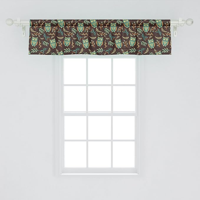 Ambesonne Owl Print Window Valance, Night Birds Leaves Berries Warm Autumn Colors Cartoon, Curtain Valance for Kitchen Bedroom Decor with Rod Pocket, 42" x 12", Brown Green