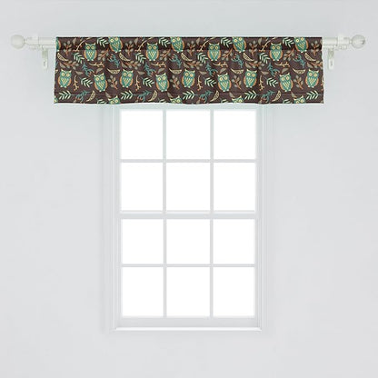 Ambesonne Owl Print Window Valance, Night Birds Leaves Berries Warm Autumn Colors Cartoon, Curtain Valance for Kitchen Bedroom Decor with Rod Pocket, 42" x 12", Brown Green