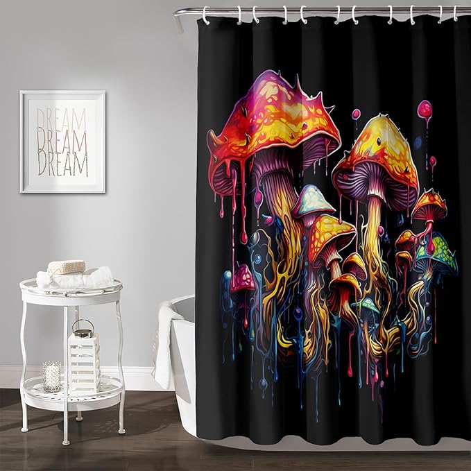 AILONEN Mushroom Shower Curtain,Oil Painting Mushroom Bath Curtain,Cartoon Mushroom Magic Fungus Print Black Waterproof Shower Curtain with 12 Plastic Hooks, 72" W x 72" H