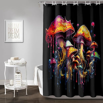 AILONEN Mushroom Shower Curtain,Oil Painting Mushroom Bath Curtain,Cartoon Mushroom Magic Fungus Print Black Waterproof Shower Curtain with 12 Plastic Hooks, 72" W x 96" H