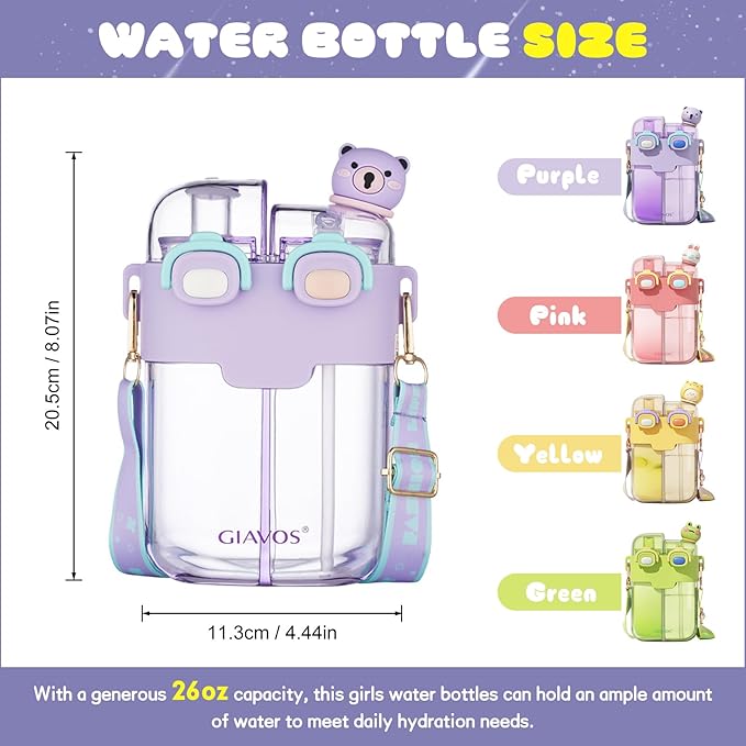 Cute Water Bottle for Kids: 26oz Kawaii Water Bottle for Girls, Funny Bear Water Bottles with Straw and Strap, Dual Compartments Leak-proof Plastic Drinking Cup for School Sport Travel (Pink)