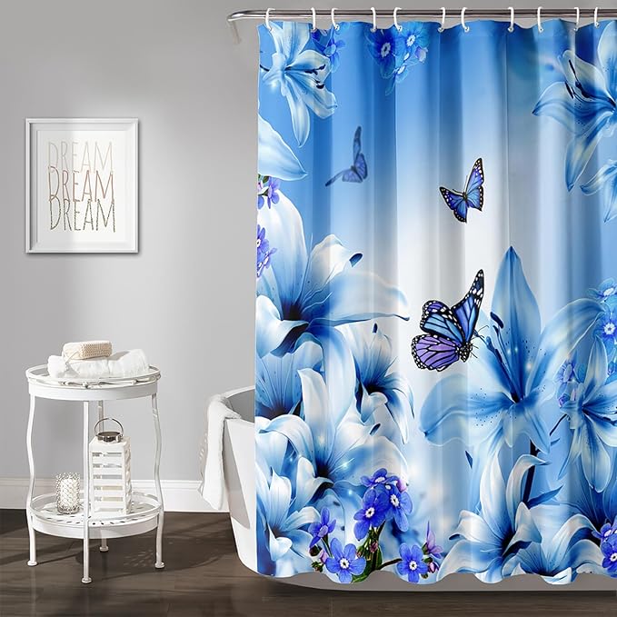 AILONEN Girls Butterfly Shower Curtain for Bathroom,Modern Botanical Floral Tulip Lily Flower Blue Butterfly Decor Bath Curtain 36" W*72" H Polyester Fabric Waterproof Bathroom Curtain with 12 Hooks