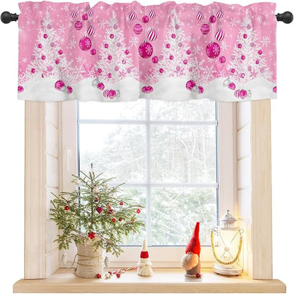 Pink Christmas Valance Curtains for Kitchen Windows White Xmas Tree Snowflakes Pink Balls Rod Pocket Window Treatment Toppers for Kitchen/Living Room/Bedroom/Bathroom, 54" X 18", Winter