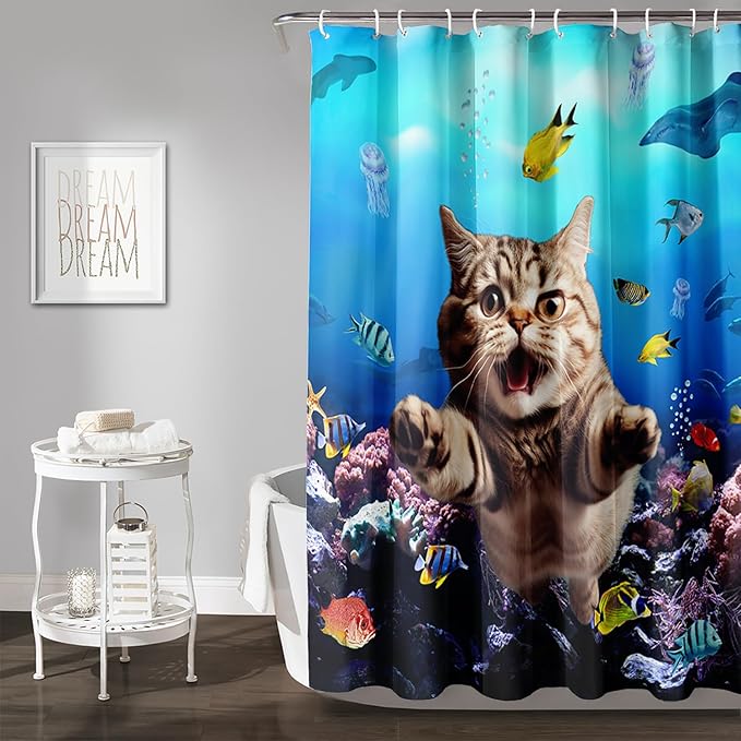 AILONEN 3D Swimming Cat Shower Curtain Set,Coral Bath Curtain for Kids Girls Boys,Sea Animals Ocean Theme Shower Curtain,Cat Lovers Animal Shower Curtains for Bathroom Decor, 72" W*72" H