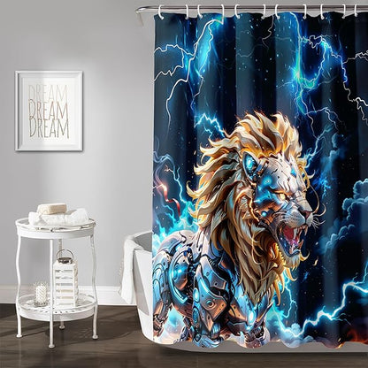 AILONEN Lion Shower Curtain,Evening Lightning Howling Lion Bath Curtain,Fierce Lion Bathroom Curtain Decor,Safari Animal Polyester Waterproof 72" W*72" H Shower Curtain (12 Hooks)