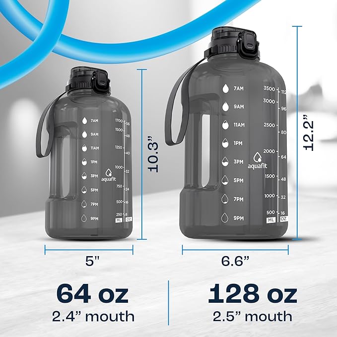 AQUAFIT 1 Gallon Water Bottle with Time Marker - BPA Free 128 oz Water Bottle with Straw, Gym Water Bottle with Handle, 1 Gallon Water Jug, Big Water Bottle, Large Water Bottle (Gray)