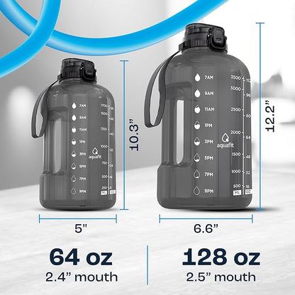 AQUAFIT 64 oz Water Bottle with Time Marker - BPA Free Half Gallon Water Bottle with Straw - Gym Water Bottle with Handle, Gallon Water Jug, Big Water Bottle, Large Water Bottle (Gray, 2in1 Lid)