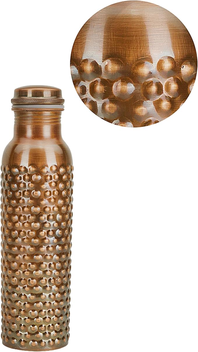 Copper Water Bottle 34 Oz Hammered Antique Ayurvedic Pure Copper Vessel With Carrying Bag For Drinking Bottle Leak Proof Ayurvedic Copper Vessel for Sports, Gym, Outdoors, Yoga