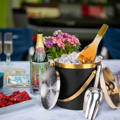 3L Double-Wall Insulated Stainless Steel Ice Bucket with scoop for Cocktail Bar - Metal Ice Bucket for freezer with Lid for parties,ice holder,champagne bucket,bar cart accessories (black)