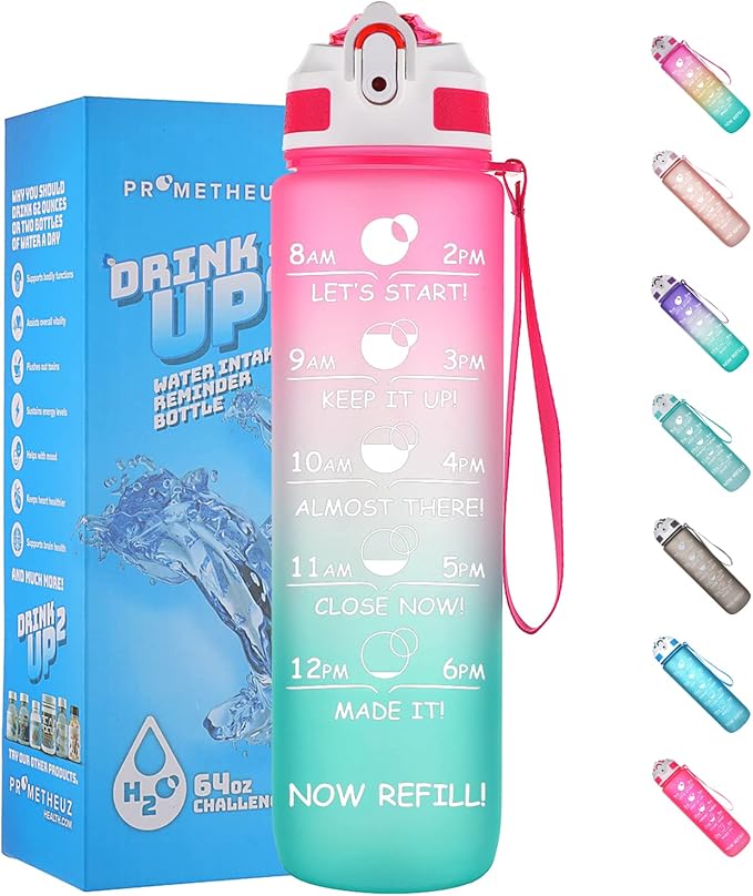 Prometheuz 32oz Water Bottle with Straw, Motivational Water Bottle with Time Marker, Water Bottles Leakproof & BPA-Free for Sports, Work and Fitness Pink Mint