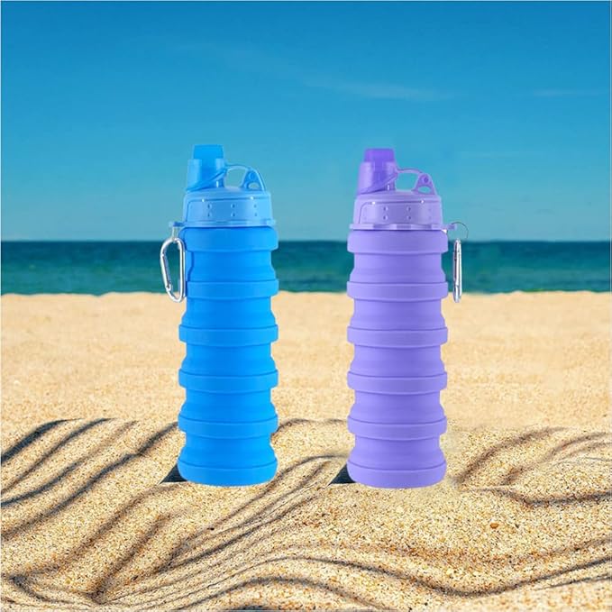 Collapsible Water Bottles 2 pack Travel Water Bottle Portable Hiking Water Bottle with Leak proof 500ML Reusable BPA Free Silicone Water Bottles. (Blue+Purple)