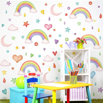Watercolor Rainbow Wall Decor Stickers Small Rainbow Wall Decal Rainbow Heart Moon Wall Stickers for Girls Boys Baby Bedroom Nursery Wall Decor