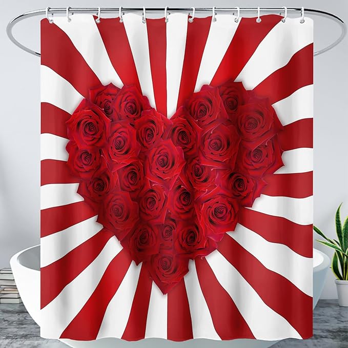 AILONEN Red Rose Hearts Print Shower Curtain for Bathroom, Romantic Flower Red and White Stripe Bathroom Decor 60" W*72" H Bath Curtain Polyester Waterproof Shower Curtain with 12 Hooks