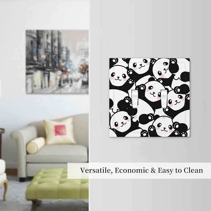 Cute Panda Double Toggle Light Switch Covers 2 Gang Wall Plate Dual Decorative Switchplate Electrical Faceplate for Bathroom Country Kitchen Bedroom Decor, 4.9" x 5"