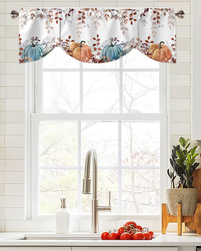 Fall Thanksgiving Blackout Tie Up Valance Curtains for Kitchen Windows Watercolor Autumn Pumpkins Eucalyptus Leaves Window Toppers Balloon Shades for Living Room/Bathroom/Bedroom,42" X 18",Blue Orange