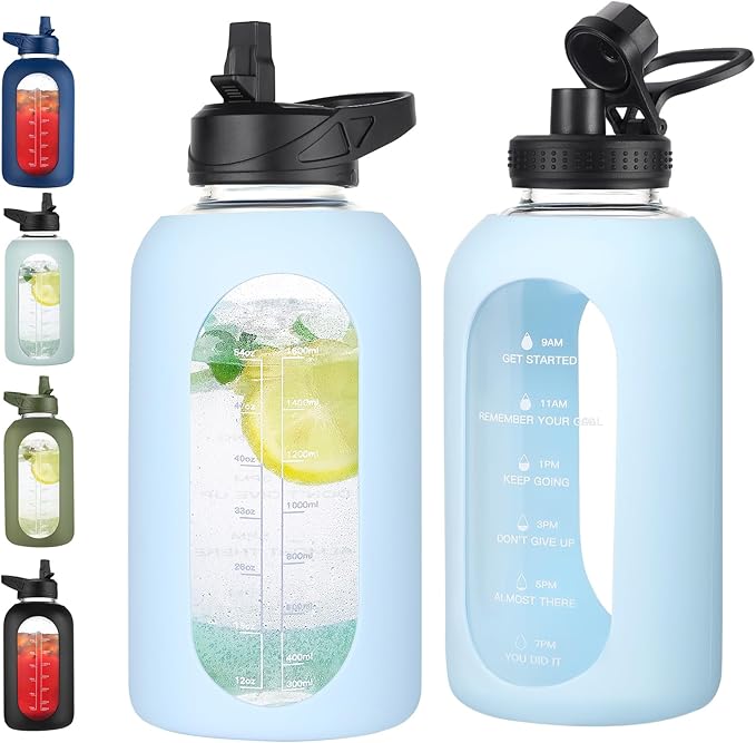 64 oz Glass Water Bottle With Straw and Handle, Half Gallon Sports Motivational Water Jug Flask with Silicone Sleeve, Large Water Cup with Time Marker for Travel, Gym, Sky Blue
