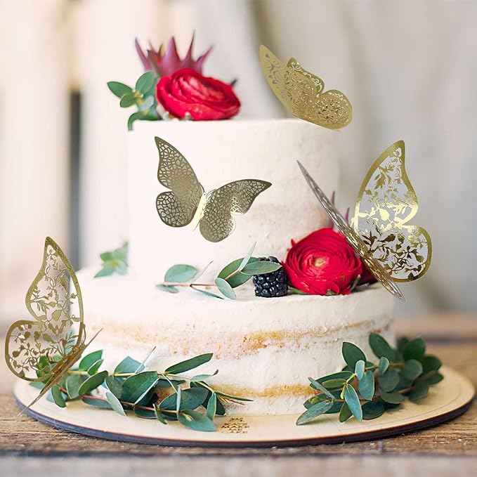 72Pcs 3D Butterfly Wall Decor 3 Sizes 3 Styles, Removable Butterfly Stickers Wall Decals, Butterfly Decorations Party Birthday Cake Decoration for Kids Nursery Wedding Bedroom Room(Gold)
