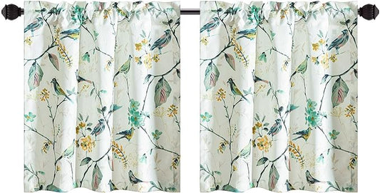 Leeva Kitchen Curtains 24 Inch Length Set, Green Bird Light Filtering Window Curtain Panels for Small Window Living Room Bathroom, 29 x 24 Inch, Rod Pocket