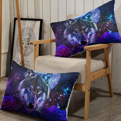 AILONEN Wolf Print Fitted Sheet Set Full Size, Moon Galaxy Wolf Bed Sheet Set Full,3 Pieces Full Romantic Blue Rose Wolf Fitted Sheet with 2 Pillowcases