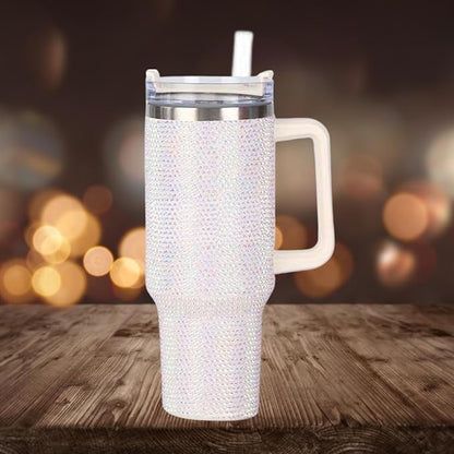 Lashicorn White Rhinestone 40 oz. Tumbler with Handle and Straw Lid Bling Tall Jewel Cup Gift Light Insulated Iridescent