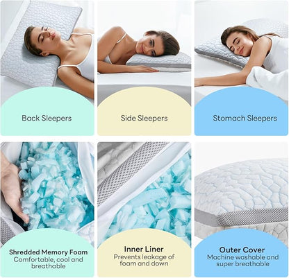 Adjustable Shredded Memory Foam Pillows, Cooling Pillows Standard Size Set of 2, Support Yet Soft Pillow Side Back Stomach Sleepers with Washable Removable Ice Silk Cover