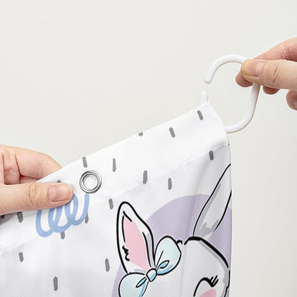 AILONEN Cute Rabbit Shower Curtain, Cartoon Kawaii Bunny Shower Curtain for Bathroom,Modern Minimalist White Waterproof Fabric Shower Curtain Set with Hooks 72" W*96" H