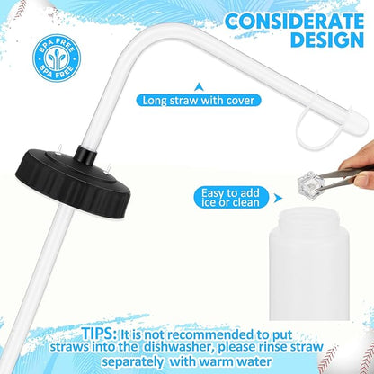 Domensi 4 Pack 1 Liter Sports Water Bottle W/Long Straw Hockey Lacrosse Water Bottle with Straw BPA Free Easy Squeeze Plastic Use W/Sport Helmet in Football Baseball Gym Yoga(Black, Translucent)