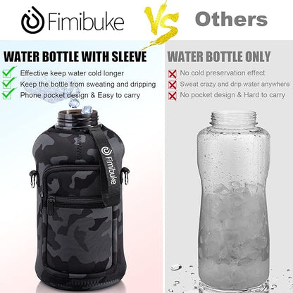 Fimibuke Half Gallon Water Bottle with Sleeve 64 OZ Water Bottle with Handle & Straw Leakproof Motivational Sports Gym Water Bottle with Time Marker BPA Free Water Jug with Reusable Neoprene Holder