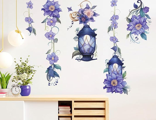 Hanging Flower Vine Wall Stickers Floral Lamp Wall Decals DIY Removable Peel and Stick Flower Vine Mural Art Decor for Living Room Bedroom TV Background Spring Party Decoration (Blue)