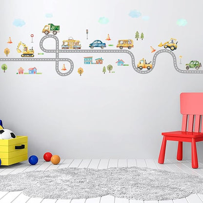 Kids Car Road Wall Decals Truck Pictures for Toddler Walls 43PCS Transports and Road Wall Stickers Wallpaper Peel and Stick Daycare Traffic Signal Wall Art Excavator Wall Decal for Playroom Nursery