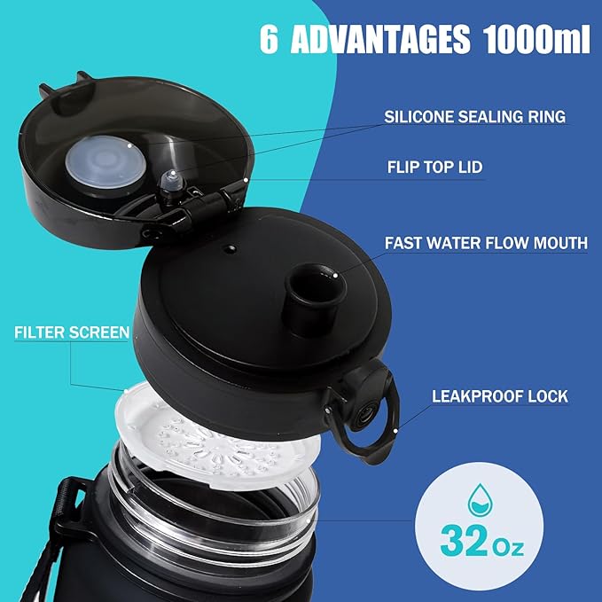32oz/1L Water Bottle, Sports Water Bottle with Times to Drink & Lock Cover+Strainer,BPA-Free, Leakage Proof, Sports Drink Bottle for Bicycle, Outdoor, Gym, School, Reusable Daily(Black-Gray)