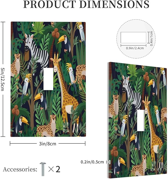 Cartoon Animal Zebra Leopard Giraffe Bird Leaf 1 Gang Nursery Light Switch Covers Decorative Single Toggle Wall Plate Switchcover Electrical Switchplate for Kidroom Bedroom Decor