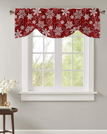 Christmas Blackout Tie Up Valance Curtains for Kitchen Windows Red White Snowflakes Pattern Window Toppers Balloon Shades for Living Room/Bathroom/Bedroom,1 Panel, 54" X 18", Winter