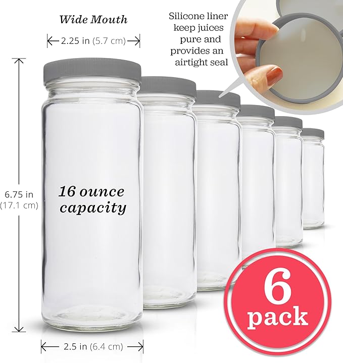 All About Juicing Clear Glass Water Bottles Set - 6 Pack Wide Mouth with Lids for Juice, Smoothies, Beverage Storage - 16 oz, Durable, Reusable, Dishwasher Safe, Leak Proof (Grey Caps)